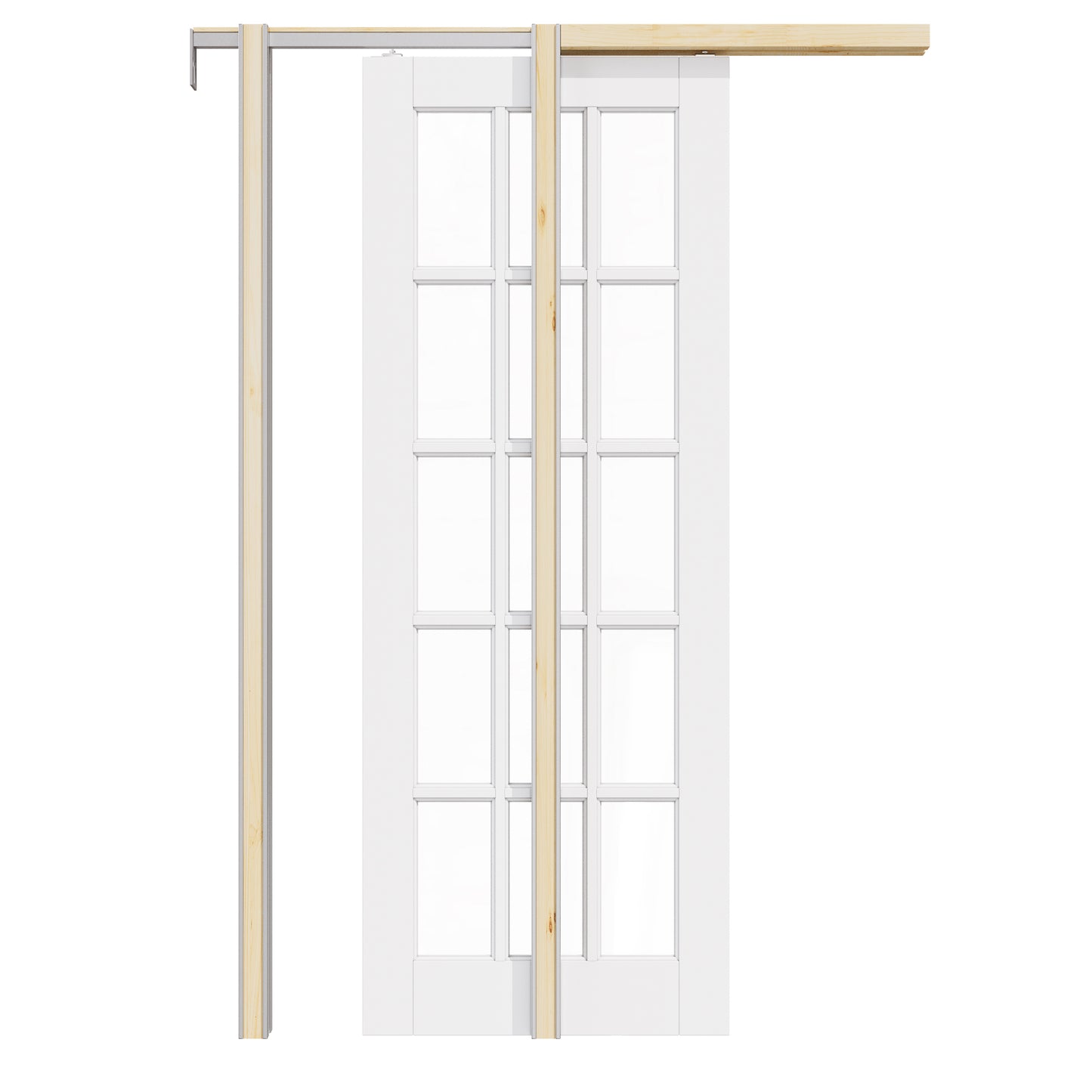 CRUTOP 15-Lite Clear Glass Pocket Door, White Interior Sliding Doors with Hardware Kit & Soft Close & Frame, Solid Core MDF Wood & Pre-Finished Paintable Surface