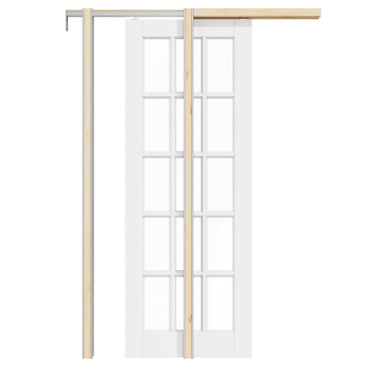 CRUTOP 15-Lite Clear Glass Pocket Door, White Interior Sliding Doors with Hardware Kit & Soft Close & Frame, Solid Core MDF Wood & Pre-Finished Paintable Surface
