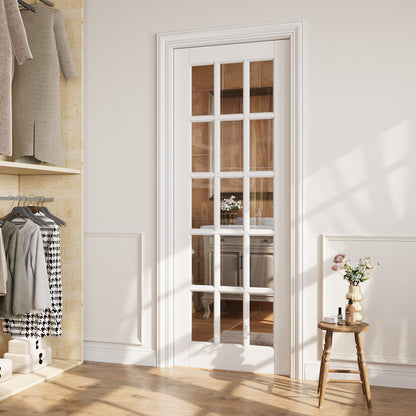 CRUTOP 15-Lite Clear Glass Pocket Door, White Interior Sliding Doors with Hardware Kit & Soft Close & Frame, Solid Core MDF Wood & Pre-Finished Paintable Surface