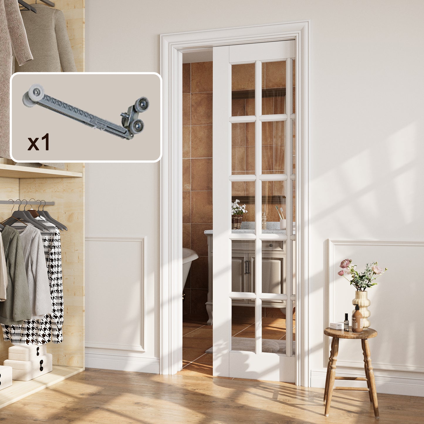 CRUTOP 15-Lite Clear Glass Pocket Door, White Interior Sliding Doors with Hardware Kit & Soft Close & Frame, Solid Core MDF Wood & Pre-Finished Paintable Surface