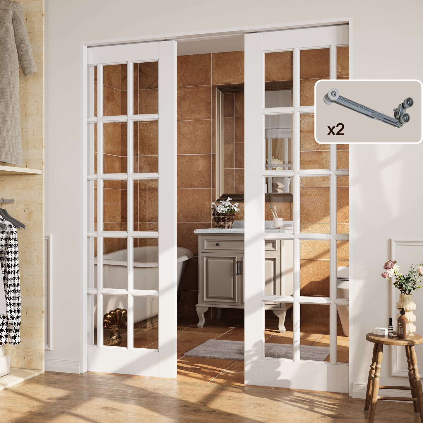 CRUTOP 15-Lite Clear Glass Pocket Door, White Interior Sliding Doors with Hardware Kit & Soft Close & Frame, Solid Core MDF Wood & Pre-Finished Paintable Surface