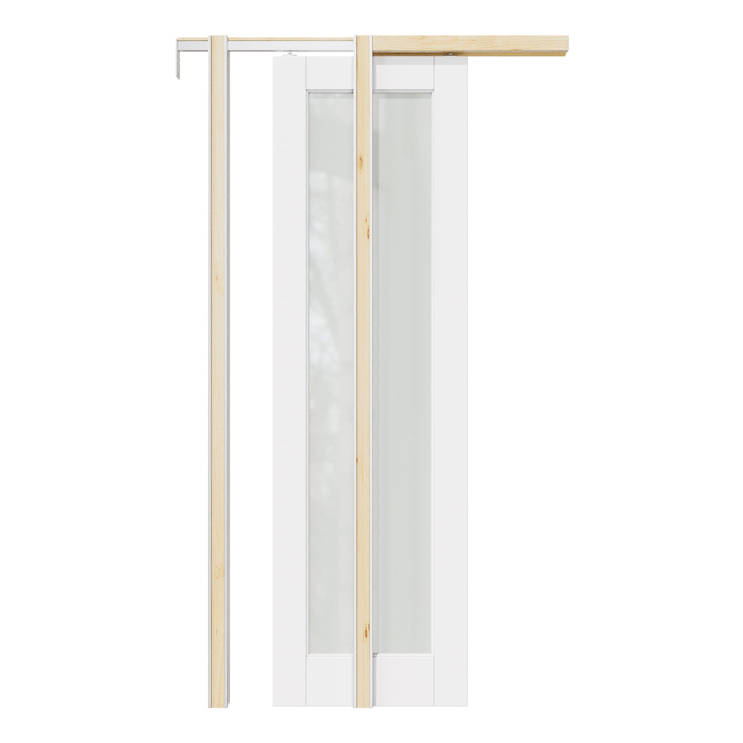 CRUTOP Tempered Frosted Glass Pocket Door, White Interior Sliding Doors with Hardware Kit & Soft Close & Frame, Solid Core MDF Wood & Pre-Finished Paintable Surface