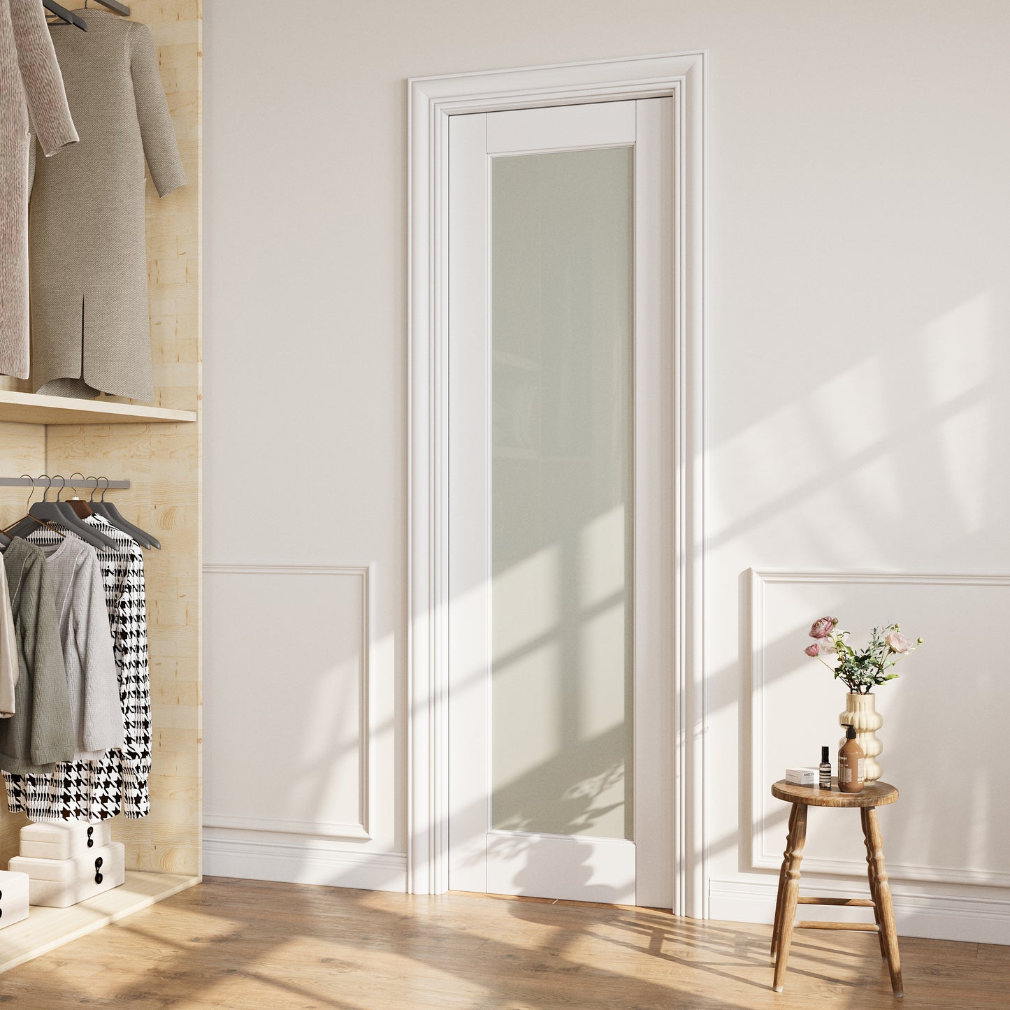 CRUTOP Tempered Frosted Glass Pocket Door, White Interior Sliding Doors with Hardware Kit & Soft Close & Frame, Solid Core MDF Wood & Pre-Finished Paintable Surface