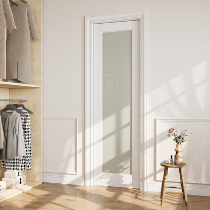 CRUTOP Tempered Frosted Glass Pocket Door, White Interior Sliding Doors with Hardware Kit & Soft Close & Frame, Solid Core MDF Wood & Pre-Finished Paintable Surface