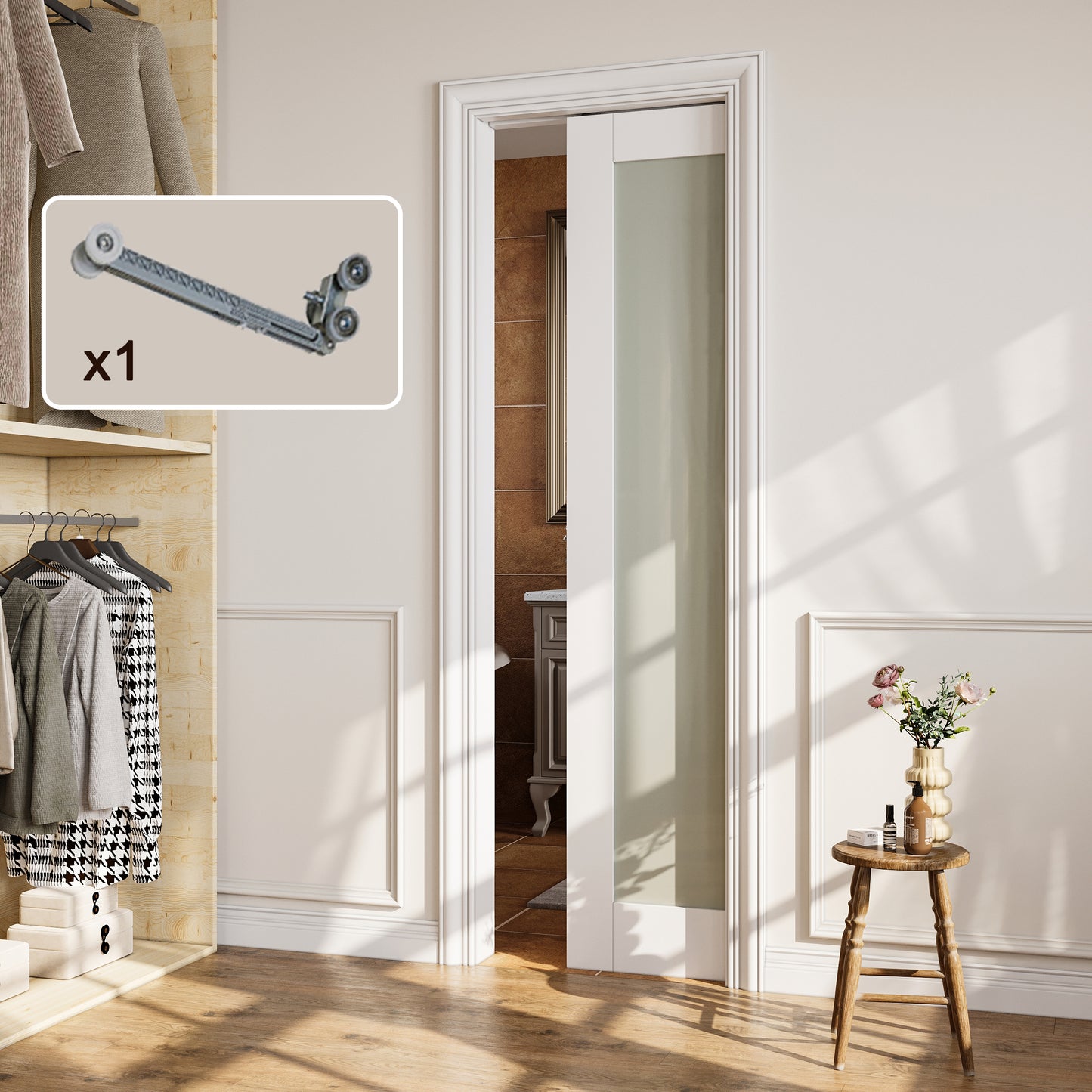 CRUTOP Tempered Frosted Glass Pocket Door, White Interior Sliding Doors with Hardware Kit & Soft Close & Frame, Solid Core MDF Wood & Pre-Finished Paintable Surface