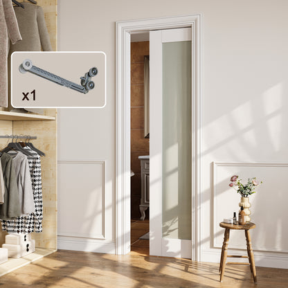 CRUTOP Tempered Frosted Glass Pocket Door, White Interior Sliding Doors with Hardware Kit & Soft Close & Frame, Solid Core MDF Wood & Pre-Finished Paintable Surface