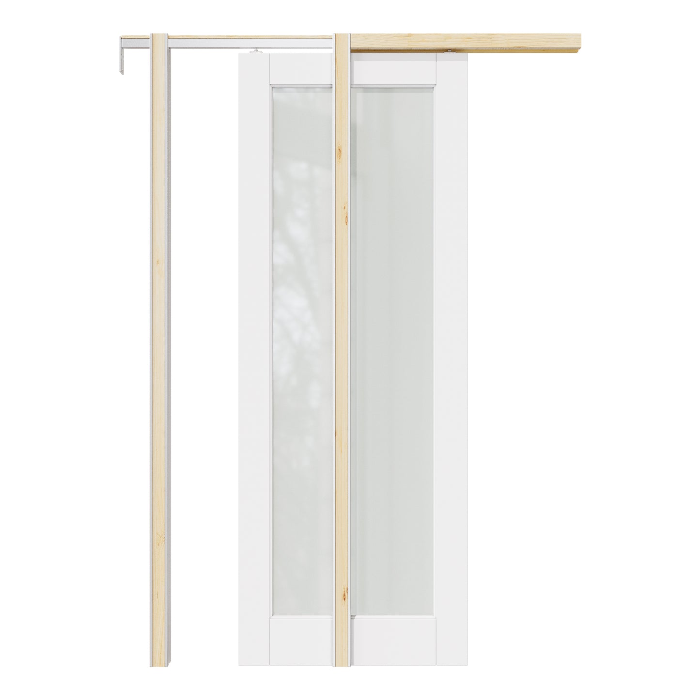 CRUTOP Tempered Frosted Glass Pocket Door, White Interior Sliding Doors with Hardware Kit & Soft Close & Frame, Solid Core MDF Wood & Pre-Finished Paintable Surface