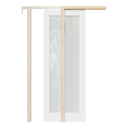 CRUTOP Tempered Frosted Glass Pocket Door, White Interior Sliding Doors with Hardware Kit & Soft Close & Frame, Solid Core MDF Wood & Pre-Finished Paintable Surface