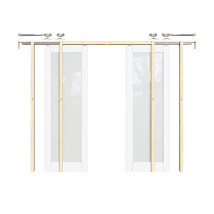 CRUTOP Tempered Frosted Glass Pocket Door, White Interior Sliding Doors with Hardware Kit & Soft Close & Frame, Solid Core MDF Wood & Pre-Finished Paintable Surface