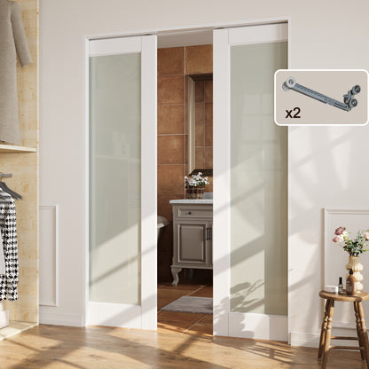 CRUTOP Tempered Frosted Glass Pocket Door, White Interior Sliding Doors with Hardware Kit & Soft Close & Frame, Solid Core MDF Wood & Pre-Finished Paintable Surface