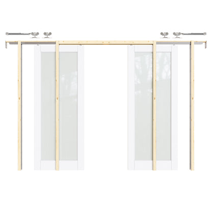 CRUTOP Tempered Frosted Glass Pocket Door, White Interior Sliding Doors with Hardware Kit & Soft Close & Frame, Solid Core MDF Wood & Pre-Finished Paintable Surface
