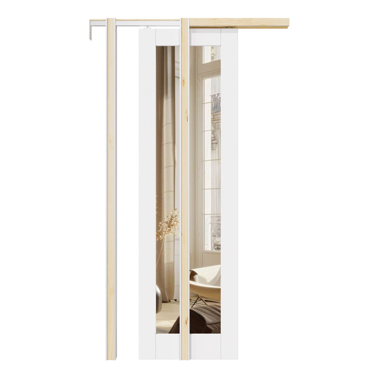 CRUTOP 1-Lite One Side Mirror Pocket Door, White Interior Sliding Doors with Hardware Kit & Soft Close & Frame, Solid Core MDF & Pre-finished Paintable Surface