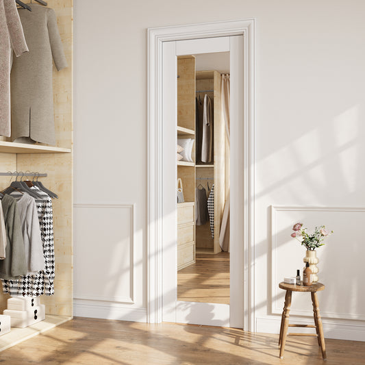CRUTOP 1-Lite One Side Mirror Pocket Door, White Interior Sliding Doors with Hardware Kit & Soft Close & Frame, Solid Core MDF & Pre-finished Paintable Surface