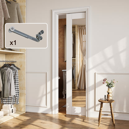 CRUTOP 1-Lite One Side Mirror Pocket Door, White Interior Sliding Doors with Hardware Kit & Soft Close & Frame, Solid Core MDF & Pre-finished Paintable Surface