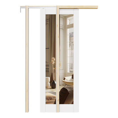 CRUTOP 1-Lite One Side Mirror Pocket Door, White Interior Sliding Doors with Hardware Kit & Soft Close & Frame, Solid Core MDF & Pre-finished Paintable Surface