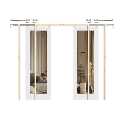 CRUTOP 1-Lite One Side Mirror Pocket Door, White Interior Sliding Doors with Hardware Kit & Soft Close & Frame, Solid Core MDF & Pre-finished Paintable Surface