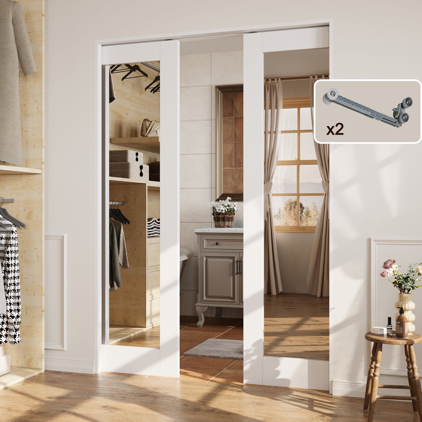 CRUTOP 1-Lite One Side Mirror Pocket Door, White Interior Sliding Doors with Hardware Kit & Soft Close & Frame, Solid Core MDF & Pre-finished Paintable Surface