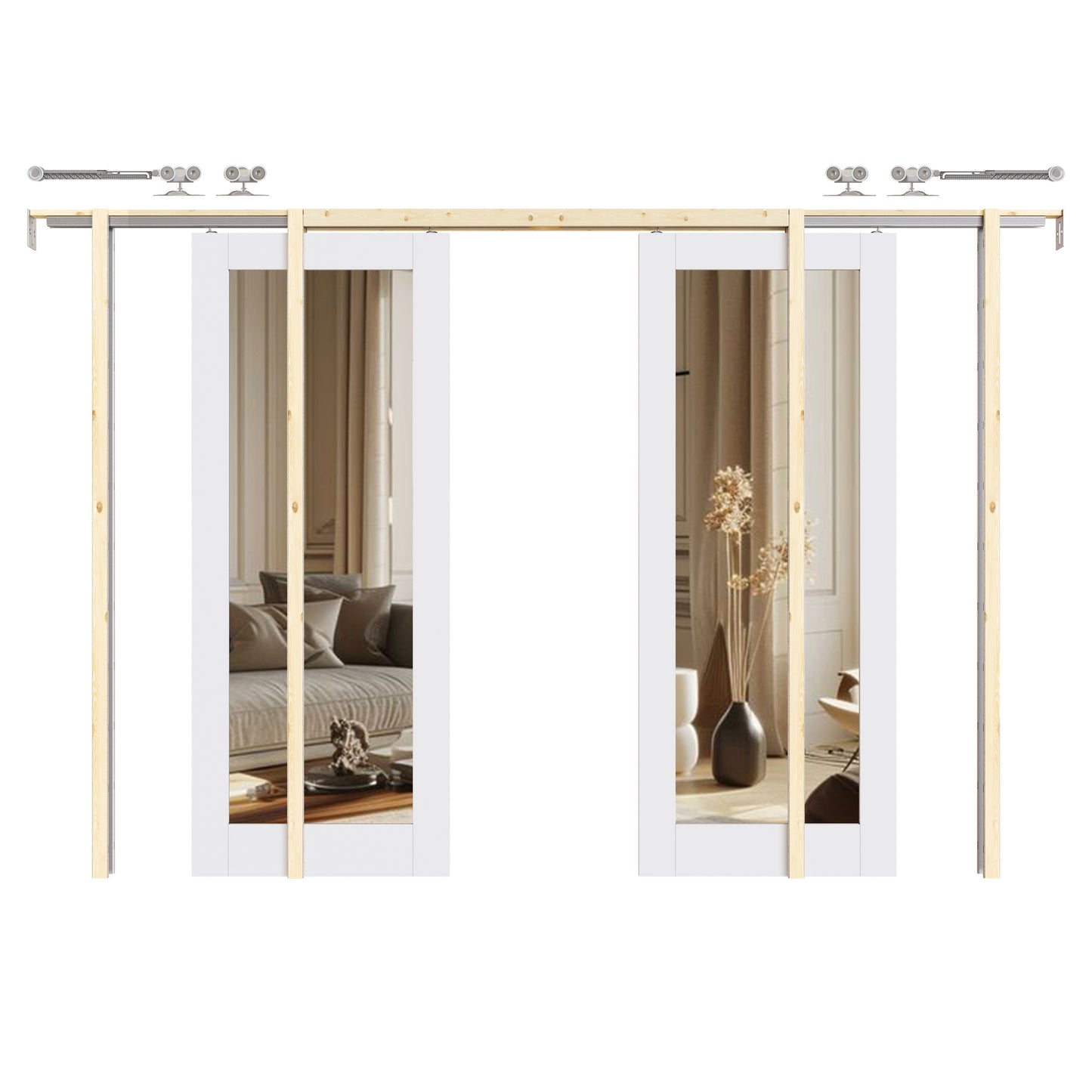 CRUTOP 1-Lite One Side Mirror Pocket Door, White Interior Sliding Doors with Hardware Kit & Soft Close & Frame, Solid Core MDF & Pre-finished Paintable Surface
