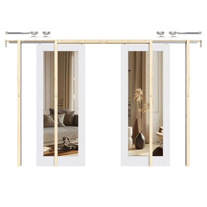 CRUTOP 1-Lite One Side Mirror Pocket Door, White Interior Sliding Doors with Hardware Kit & Soft Close & Frame, Solid Core MDF & Pre-finished Paintable Surface