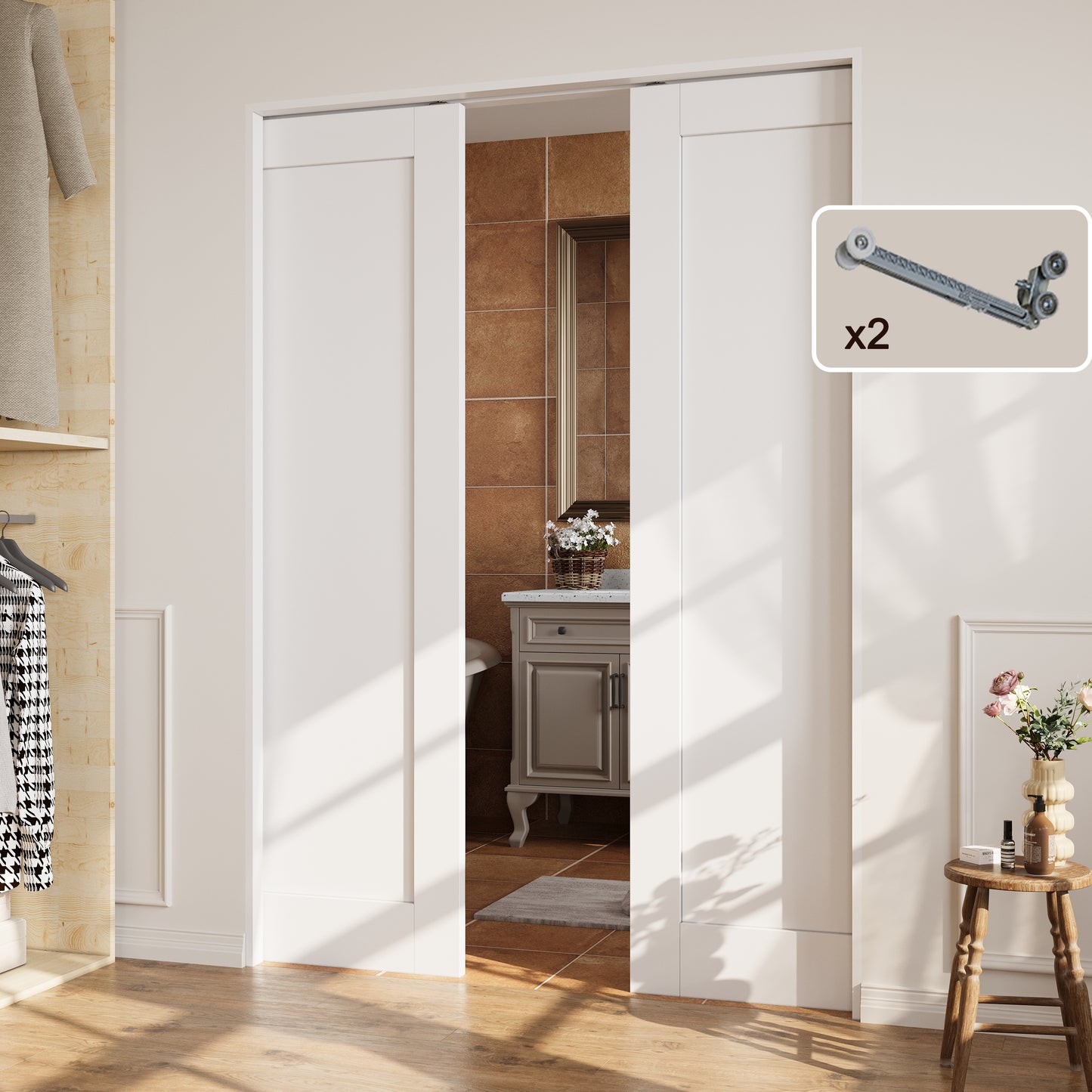 CRUTOP Solid Core Panel Pocket Door, White Interior Sliding Doors with Hardware Kit & Soft Close & Frame, Solid Core MDF Wood & Pre-Finished Paintable Surface