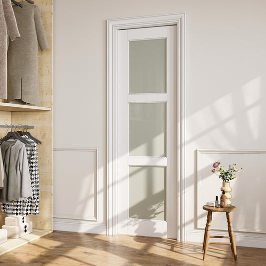 CRUTOP 3-Lite Tempered Frosted Glass Pocket Door, White Interior Sliding Doors with Hardware Kit & Soft Close & Frame, Solid Core MDF Wood & Pre-Finished Paintable Surface