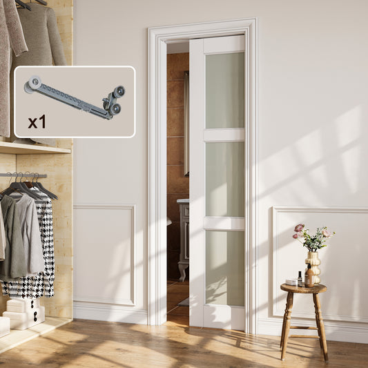 CRUTOP 3-Lite Tempered Frosted Glass Pocket Door, White Interior Sliding Doors with Hardware Kit & Soft Close & Frame, Solid Core MDF Wood & Pre-Finished Paintable Surface