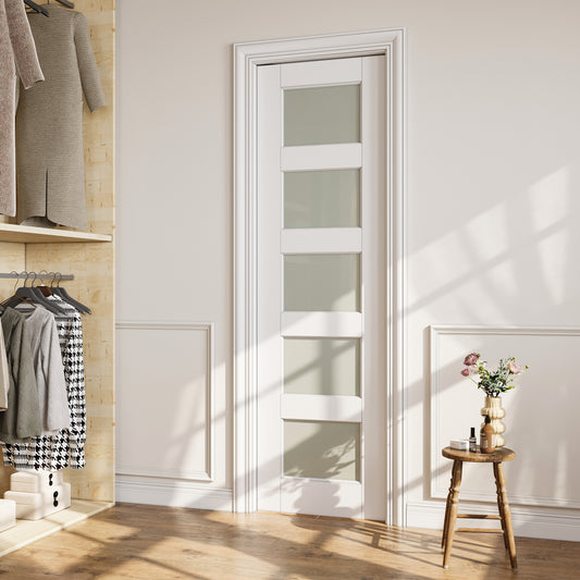 CRUTOP 5-Lite Tempered Frosted Glass Pocket Door, White Interior Sliding Doors with Hardware Kit & Soft Close & Frame, Solid Core MDF Wood & Pre-Finished Paintable Surface