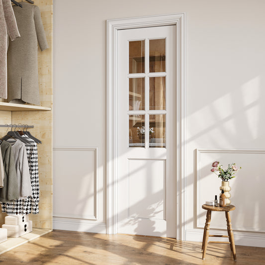 CRUTOP 6-Lite Clear Glass Pocket Door, White Interior Sliding Doors with Hardware Kit & Soft Close & Frame, Solid Core MDF Wood & Pre-Finished Paintable Surface