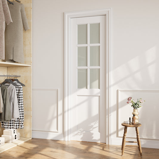 CRUTOP 6-Lite Tempered Frosted Glass Pocket Door, White Interior Sliding Doors with Hardware Kit & Soft Close & Frame, Solid Core MDF Wood & Pre-Finished Paintable Surface