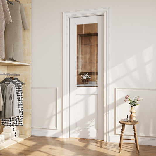 CRUTOP Half-Lite Clear Glass Pocket Door, White Interior Sliding Doors with Hardware Kit & Soft Close & Frame, Solid Core MDF Wood & Pre-Finished Paintable Surface