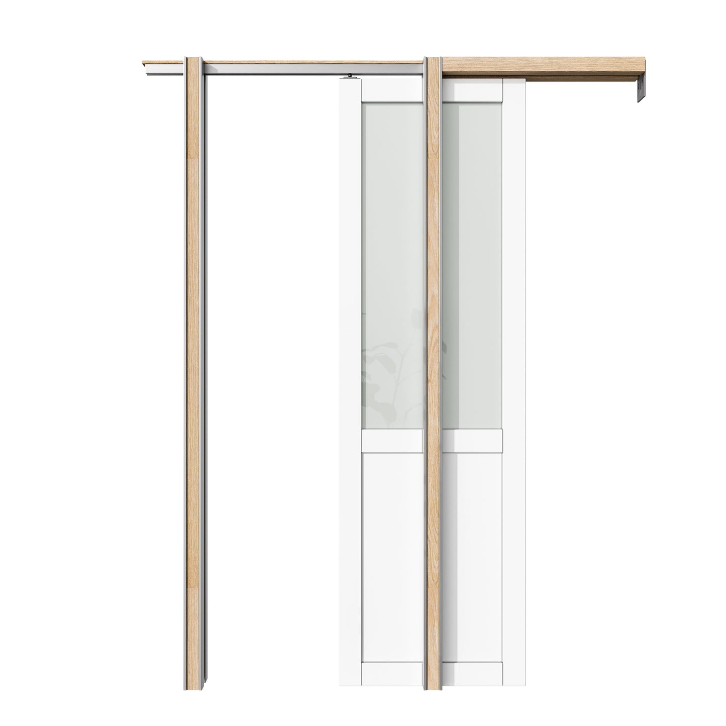 CRUTOP Half-Lite Tempered Frosted Glass Pocket Door, White Interior Sliding Doors with Hardware Kit & Soft Close & Frame, Solid Core MDF Wood & Pre-Finished Paintable Surface
