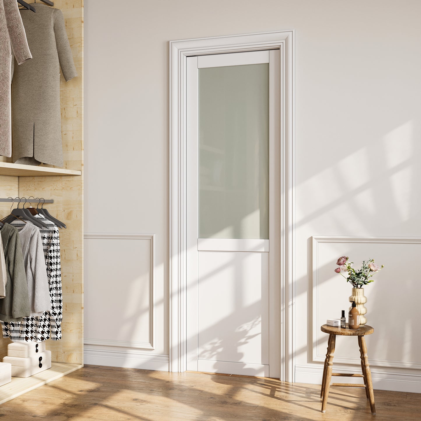 CRUTOP Half-Lite Tempered Frosted Glass Pocket Door, White Interior Sliding Doors with Hardware Kit & Soft Close & Frame, Solid Core MDF Wood & Pre-Finished Paintable Surface