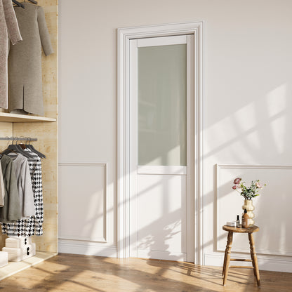 CRUTOP Half-Lite Tempered Frosted Glass Pocket Door, White Interior Sliding Doors with Hardware Kit & Soft Close & Frame, Solid Core MDF Wood & Pre-Finished Paintable Surface