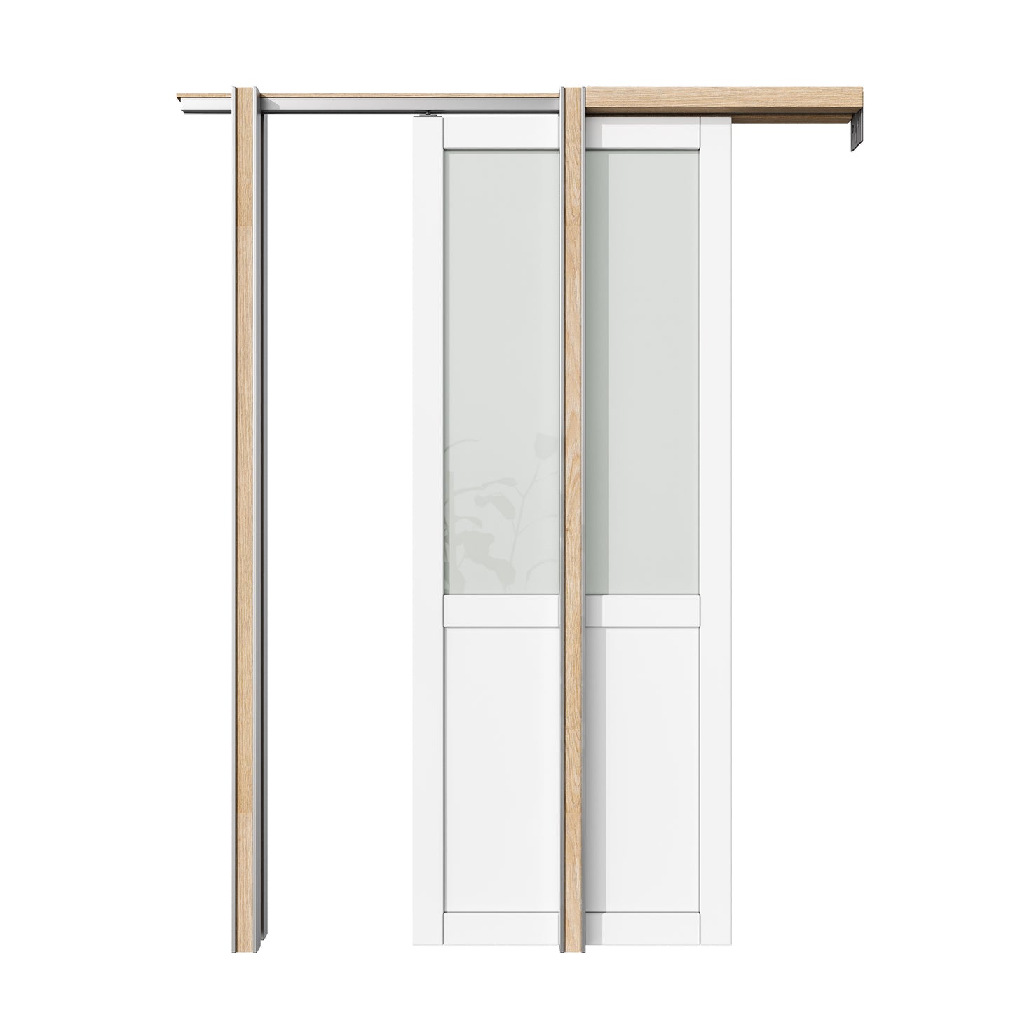 CRUTOP Half-Lite Tempered Frosted Glass Pocket Door, White Interior Sliding Doors with Hardware Kit & Soft Close & Frame, Solid Core MDF Wood & Pre-Finished Paintable Surface