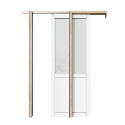 CRUTOP Half-Lite Tempered Frosted Glass Pocket Door, White Interior Sliding Doors with Hardware Kit & Soft Close & Frame, Solid Core MDF Wood & Pre-Finished Paintable Surface