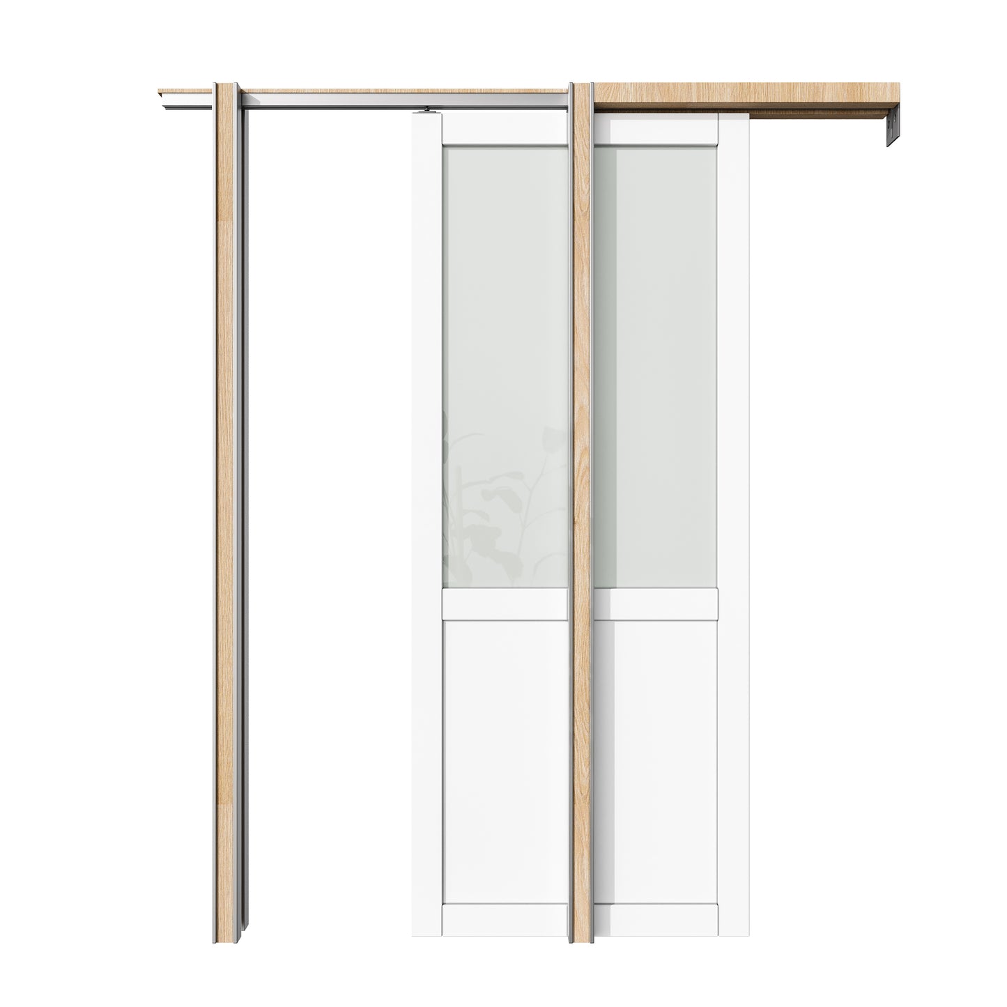 CRUTOP Half-Lite Tempered Frosted Glass Pocket Door, White Interior Sliding Doors with Hardware Kit & Soft Close & Frame, Solid Core MDF Wood & Pre-Finished Paintable Surface