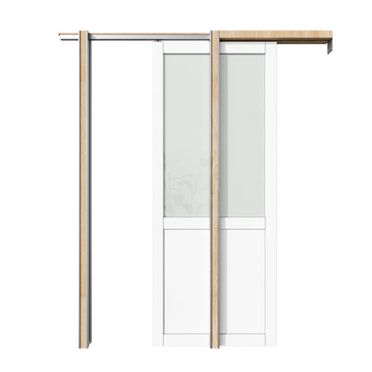 CRUTOP Half-Lite Tempered Frosted Glass Pocket Door, White Interior Sliding Doors with Hardware Kit & Soft Close & Frame, Solid Core MDF Wood & Pre-Finished Paintable Surface