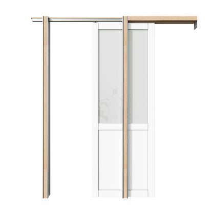 CRUTOP Half-Lite Tempered Frosted Glass Pocket Door, White Interior Sliding Doors with Hardware Kit & Soft Close & Frame, Solid Core MDF Wood & Pre-Finished Paintable Surface