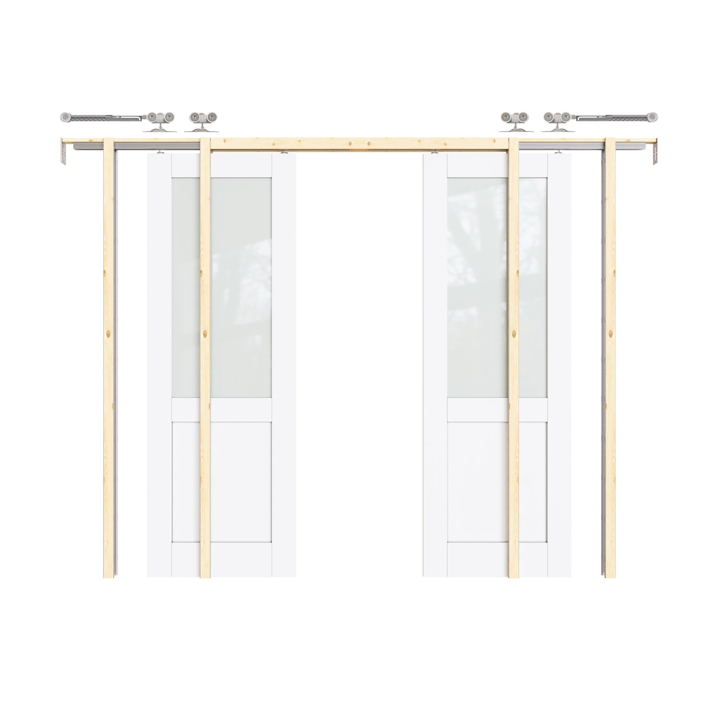 CRUTOP Half-Lite Tempered Frosted Glass Pocket Door, White Interior Sliding Doors with Hardware Kit & Soft Close & Frame, Solid Core MDF Wood & Pre-Finished Paintable Surface
