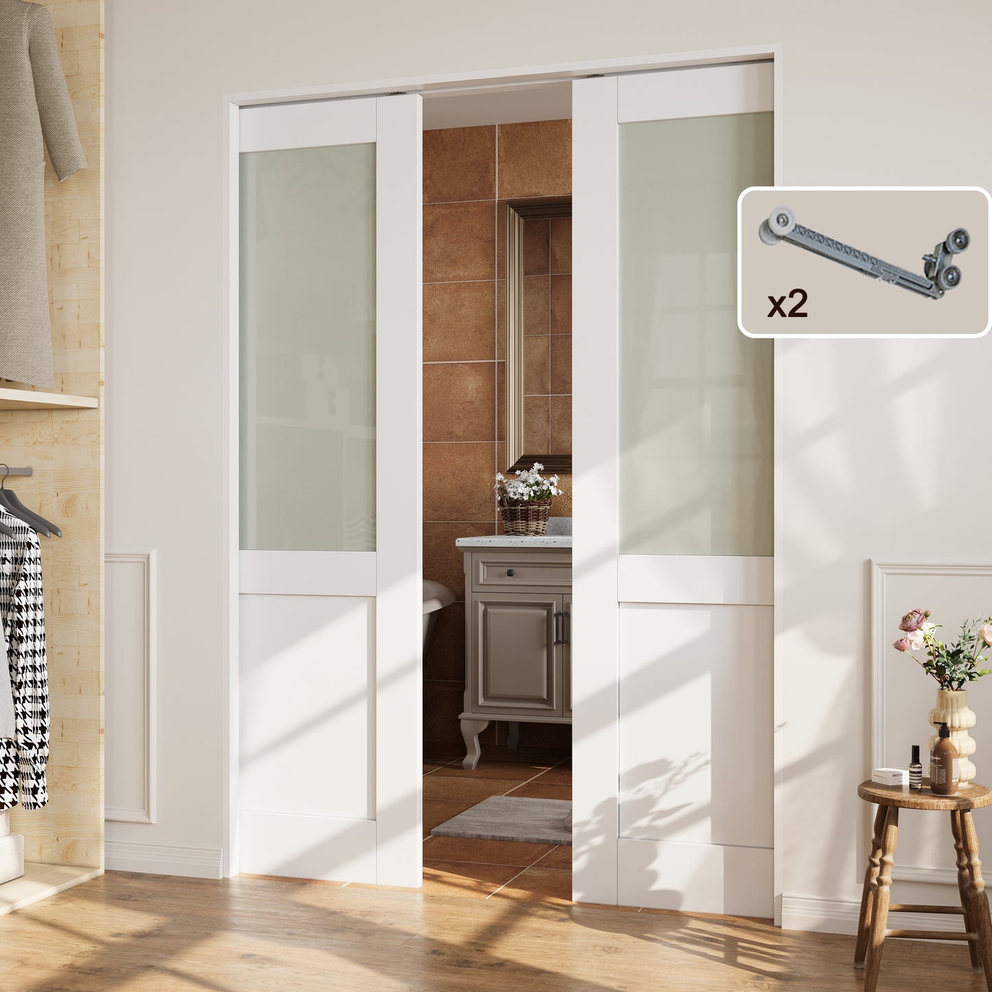 CRUTOP Half-Lite Tempered Frosted Glass Pocket Door, White Interior Sliding Doors with Hardware Kit & Soft Close & Frame, Solid Core MDF Wood & Pre-Finished Paintable Surface