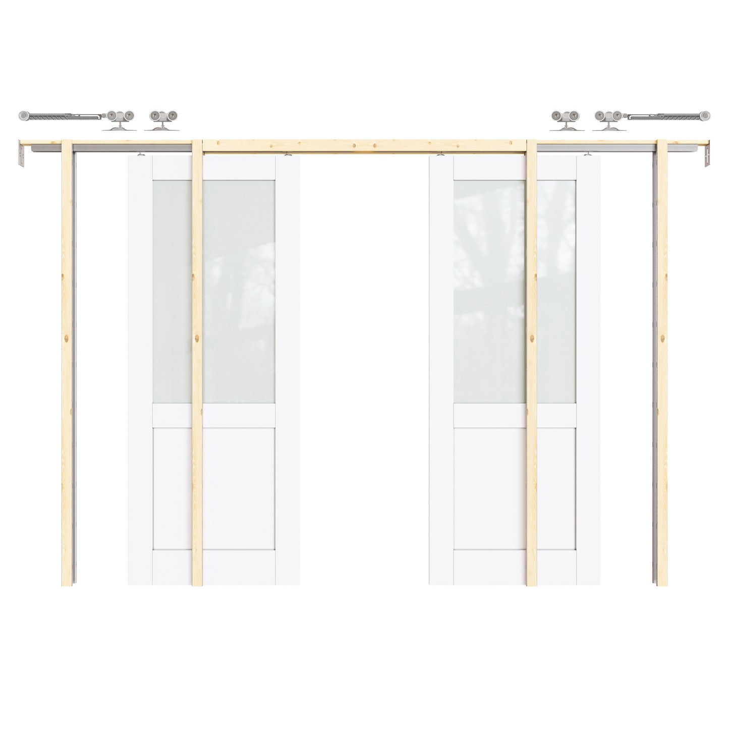 CRUTOP Half-Lite Tempered Frosted Glass Pocket Door, White Interior Sliding Doors with Hardware Kit & Soft Close & Frame, Solid Core MDF Wood & Pre-Finished Paintable Surface