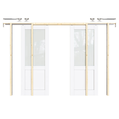 CRUTOP Half-Lite Tempered Frosted Glass Pocket Door, White Interior Sliding Doors with Hardware Kit & Soft Close & Frame, Solid Core MDF Wood & Pre-Finished Paintable Surface