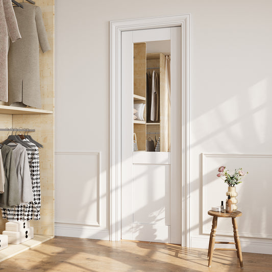 CRUTOP Half-Lite Mirror Pocket Door, White Interior Sliding Doors with Hardware Kit & Soft Close & Frame, Solid Core MDF & Pre-finished Paintable Surface