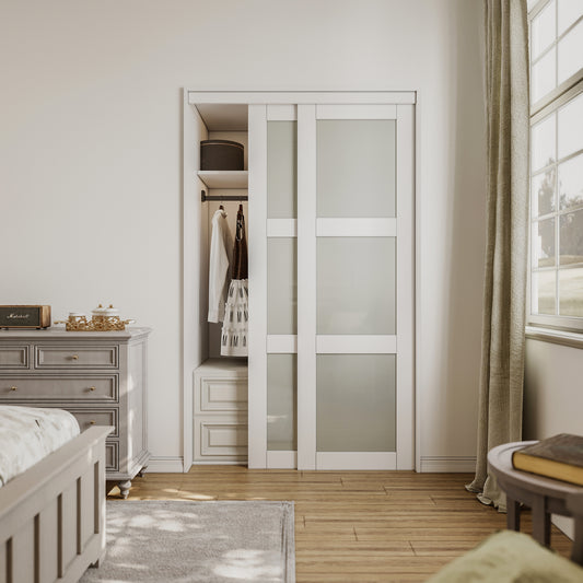 CRUTOP Paintable Sliding Closet Door, 3-Lite Tempered Frosted Glass with Good Privacy, Water-Resistant Frame, Build Quality (Panels&Hardware Kit)