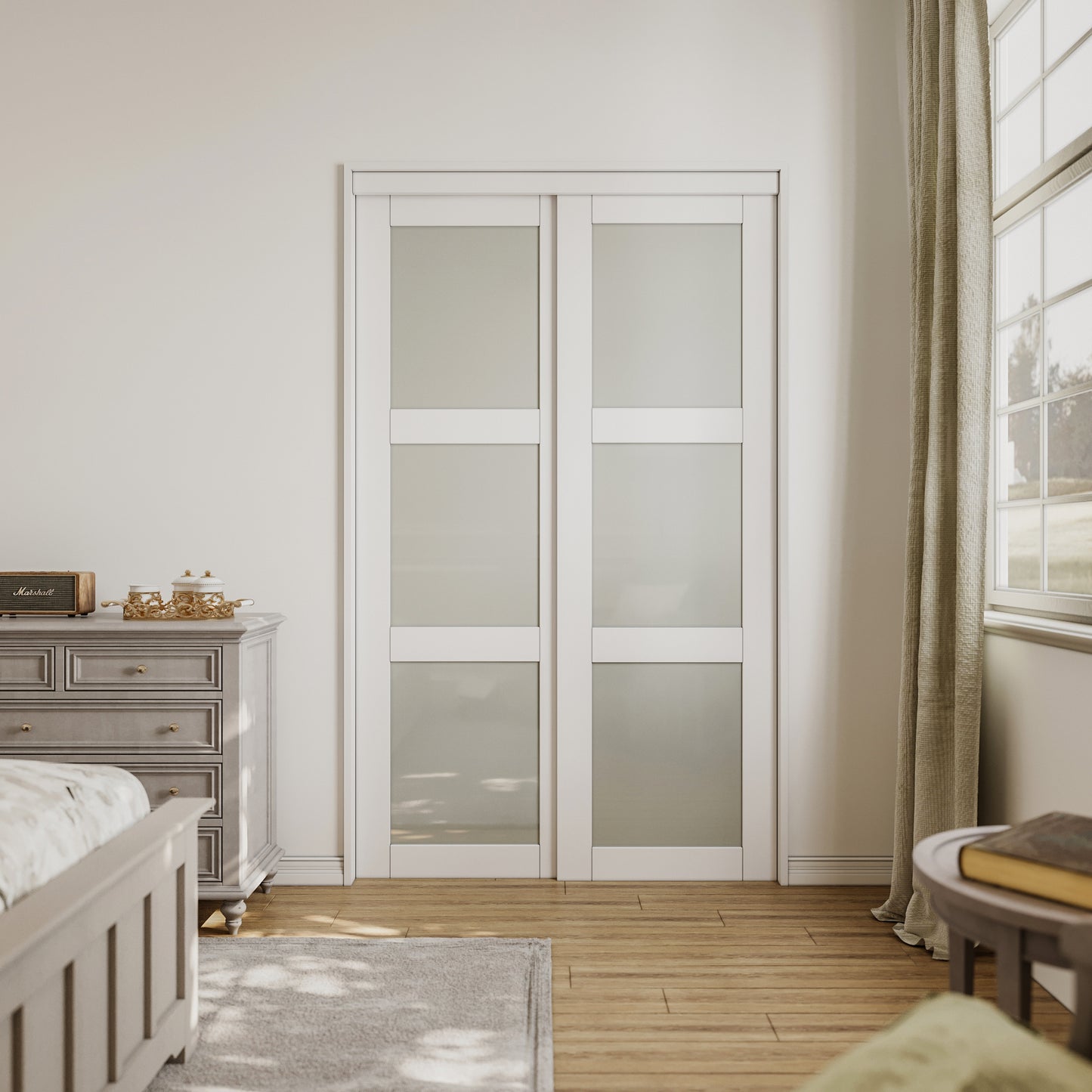 CRUTOP Paintable Sliding Closet Door, 3-Lite Tempered Frosted Glass with Good Privacy, Water-Resistant Frame, Build Quality (Panels&Hardware Kit)