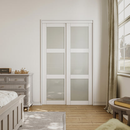 CRUTOP Paintable Sliding Closet Door, 3-Lite Tempered Frosted Glass with Good Privacy, Water-Resistant Frame, Build Quality (Panels&Hardware Kit)