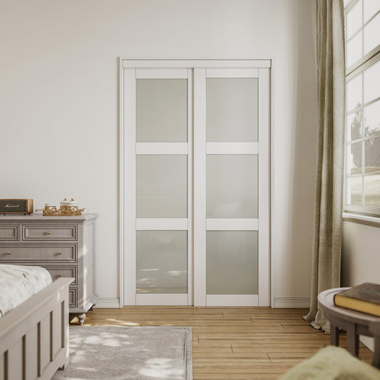 CRUTOP Paintable Sliding Closet Door, 3-Lite Tempered Frosted Glass with Good Privacy, Water-Resistant Frame, Build Quality (Panels&Hardware Kit)