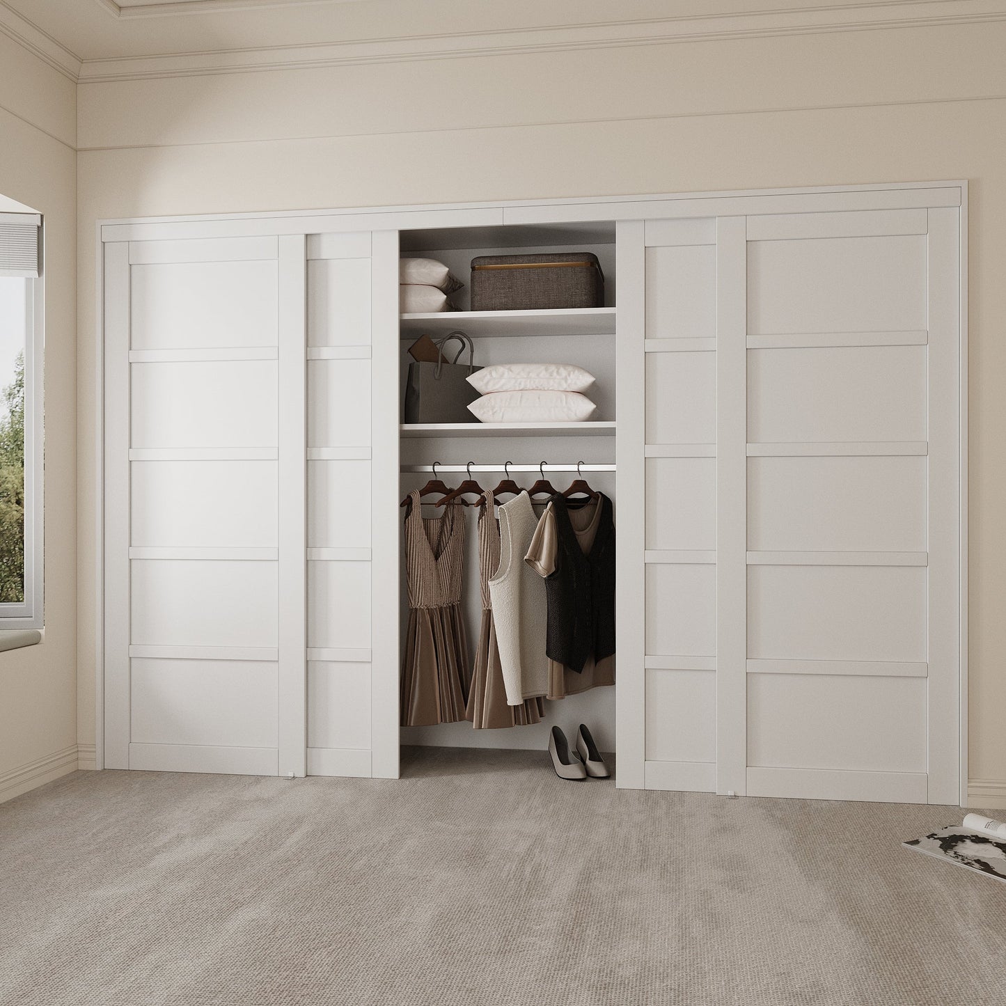 [Paintable] Crutophome 5 Panel Bypass Sliding Closet Door with Hardware Kit, Solid Core MDF Wood & Assembly Required & Primed, White