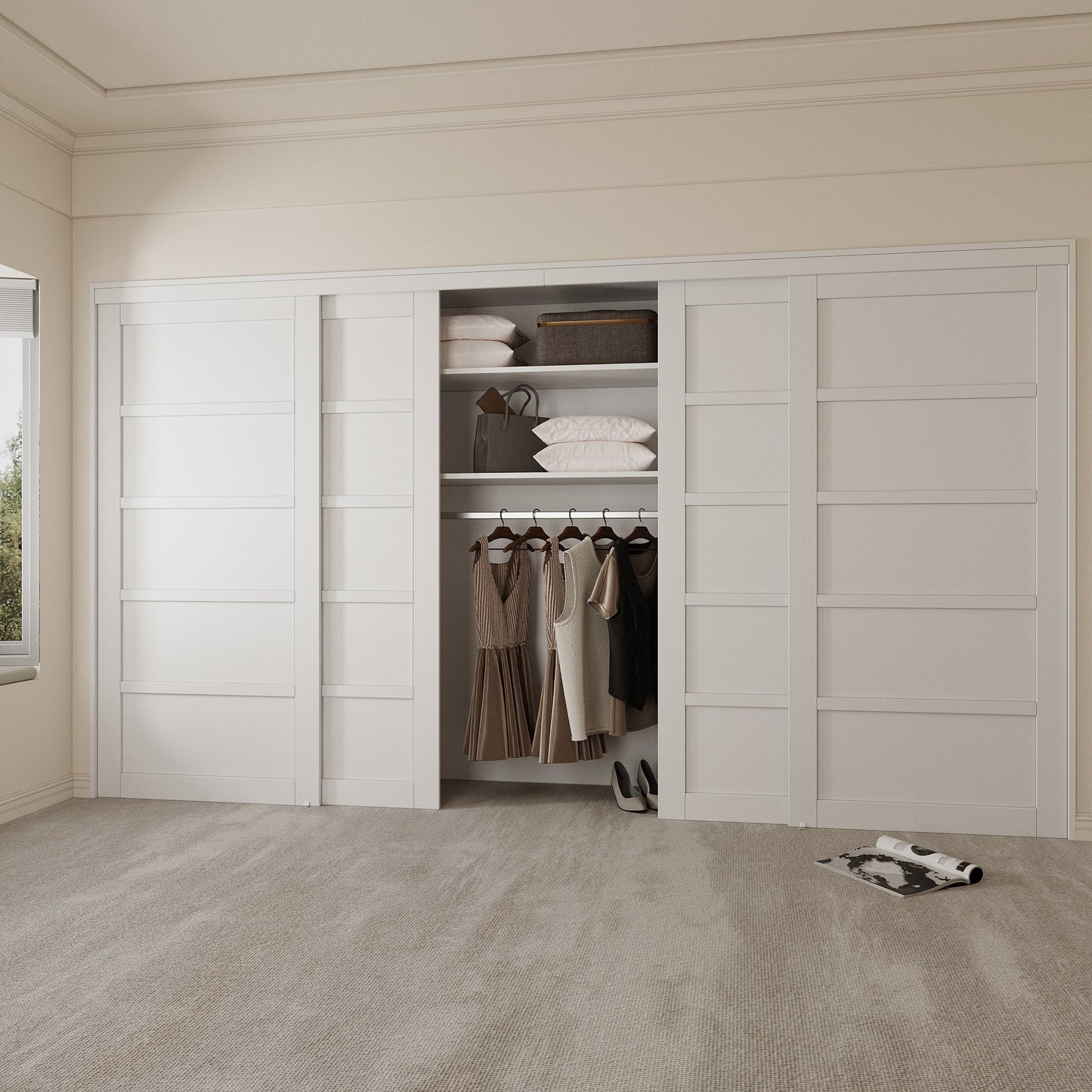 [Paintable] Crutophome 5 Panel Bypass Sliding Closet Door with Hardware Kit, Solid Core MDF Wood & Assembly Required & Primed, White
