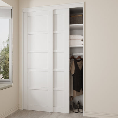 [Paintable] Crutophome 5 Panel Bypass Sliding Closet Door with Hardware Kit, Solid Core MDF Wood & Assembly Required & Primed, White